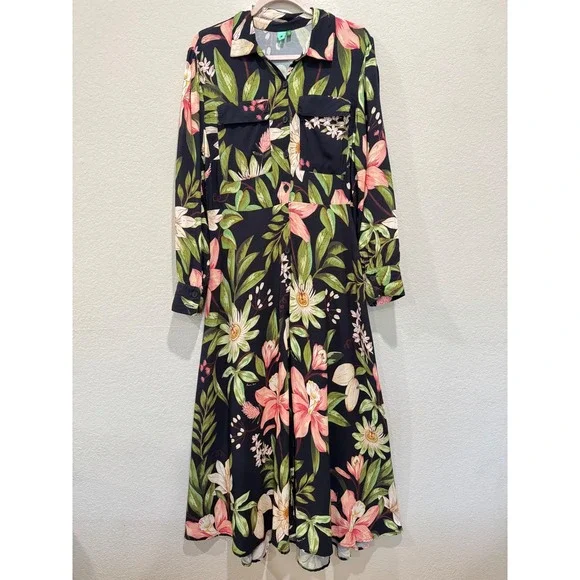 Farm Rio Floral Long Sleeve Maxi Dress Large Black Green Collar Pockets Buttons - Picture 2 of 9